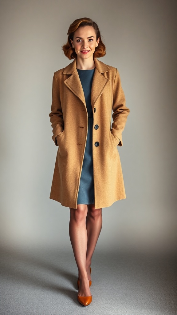 A woman wearing a swing coat over a dress, showcasing a vintage-inspired look with patterned stockings.