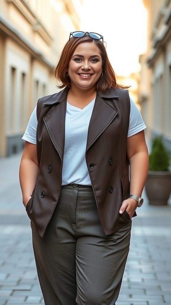 A plus size woman wearing a tailored vest over a white tee and slacks, smiling in a city setting.