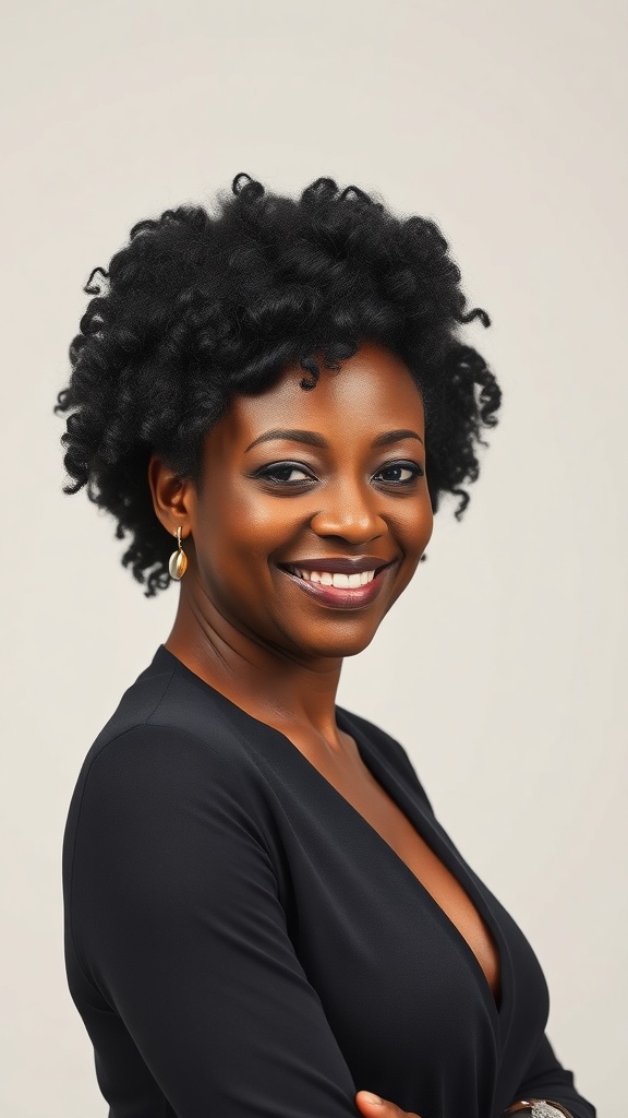 A woman with a tapered afro hairstyle, showcasing beautiful 4C texture.