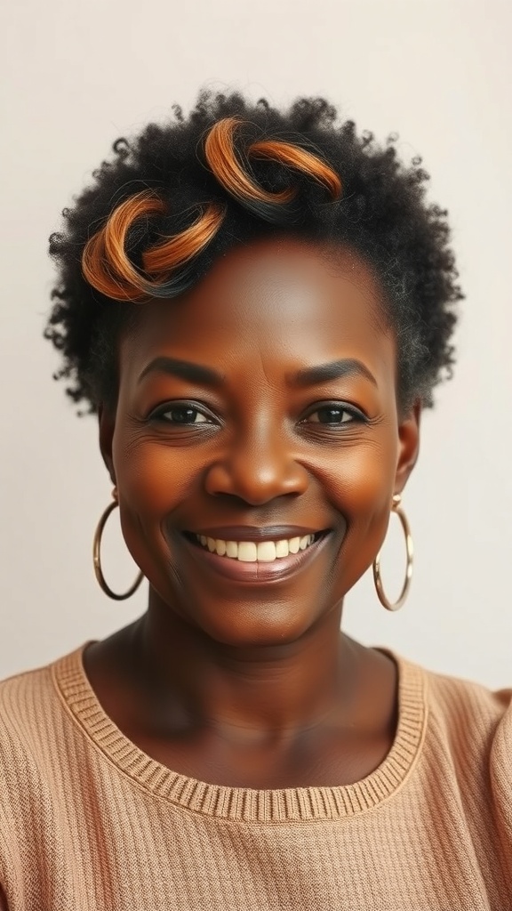A woman with a tapered afro hairstyle featuring highlights, smiling warmly.