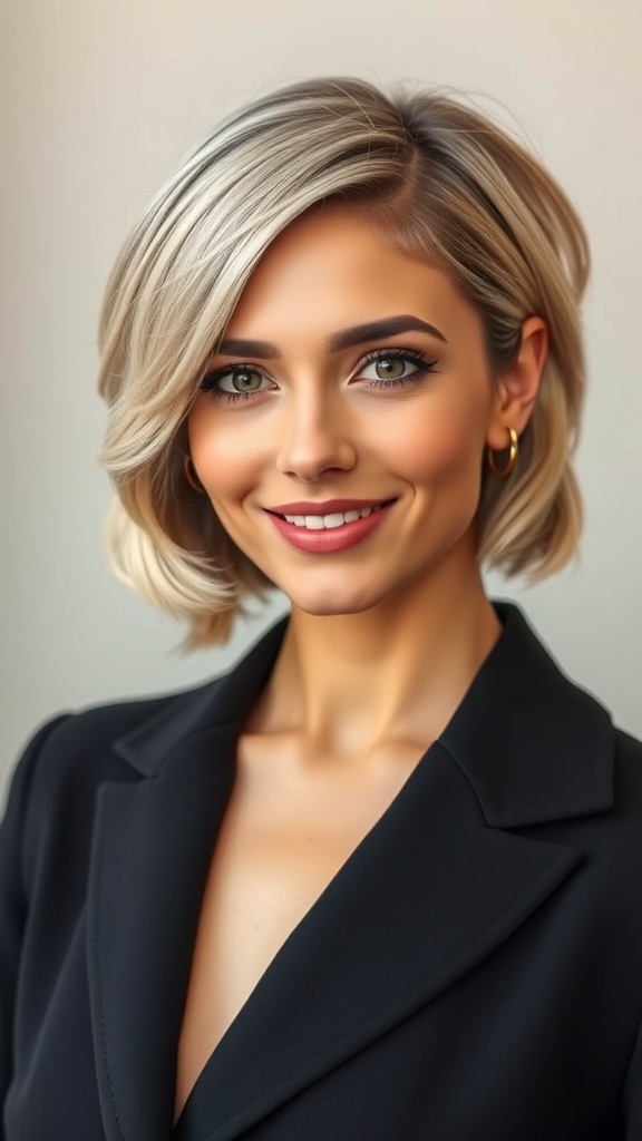 A woman with a tapered bob haircut featuring curled under edges, smiling confidently.