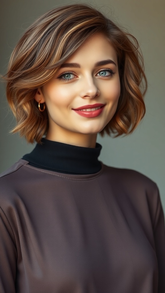 A woman with a tapered brown haircut featuring wavy texture, smiling confidently.