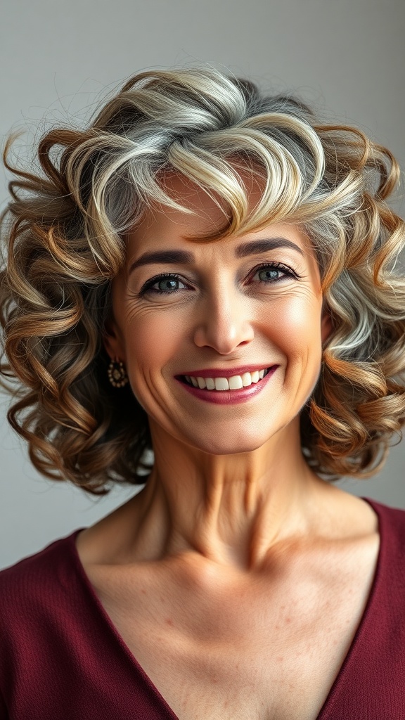 A woman with a tapered curly bob hairstyle, showcasing voluminous curls and a stylish look.