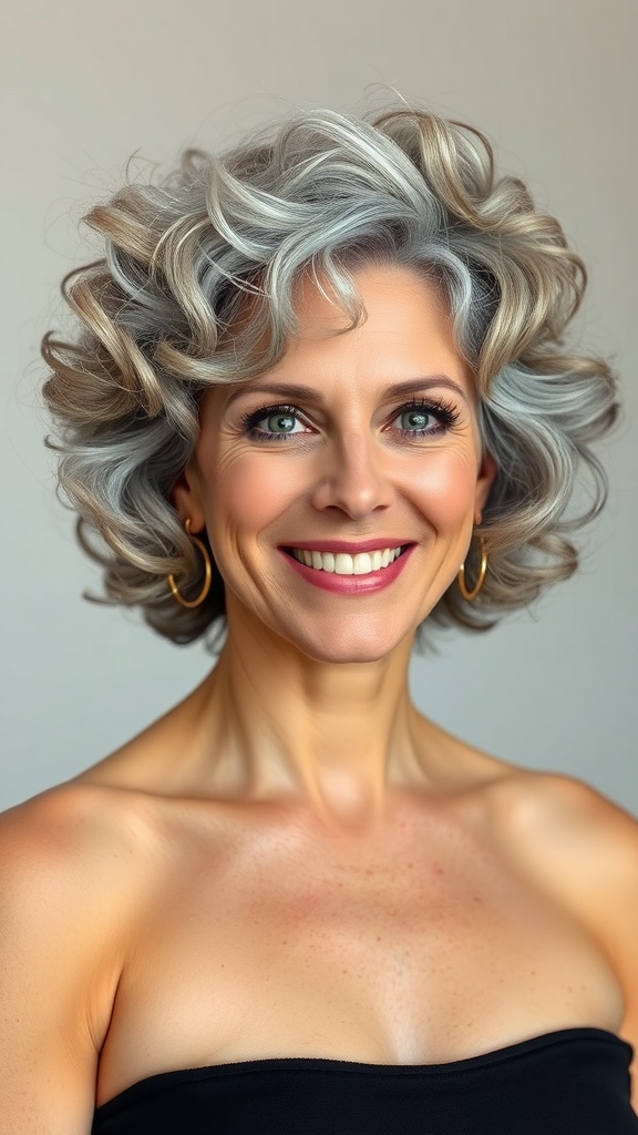 A woman with a tapered curly bob hairstyle, showcasing voluminous grey curls.