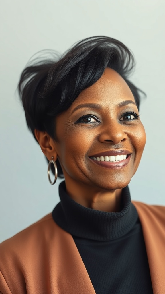 A woman with a tapered natural haircut, smiling confidently.