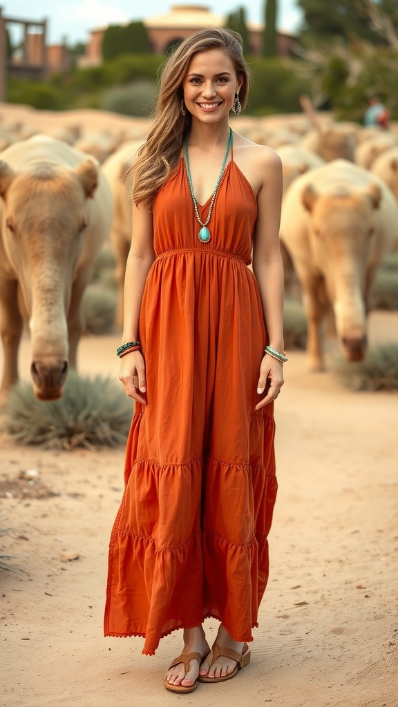 A woman wearing a terracotta halter maxi dress standing in a rustic setting with cows in the background.