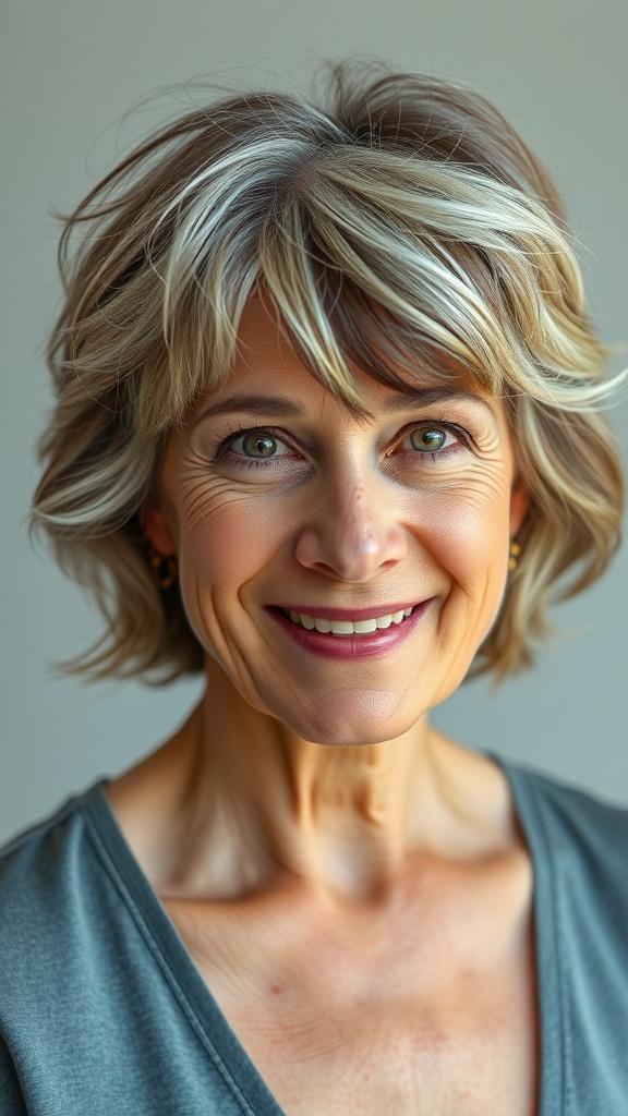 A smiling older woman with textured bangs and a tousled shoulder-length haircut.