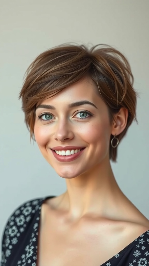 A woman with a textured brown bob hairstyle featuring choppy layers, smiling at the camera.