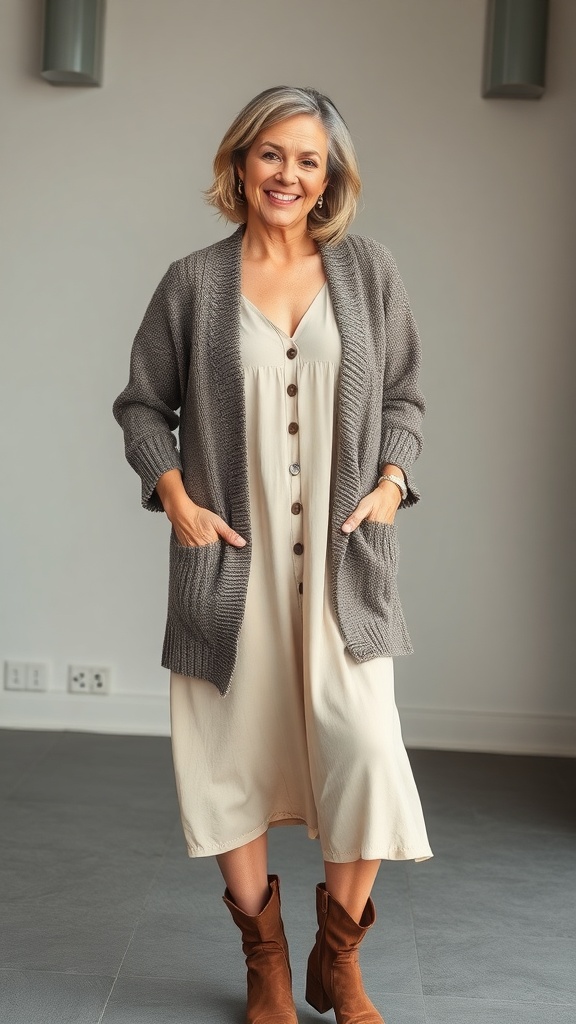 A woman wearing a textured cardigan over a midi dress, smiling and posing confidently.