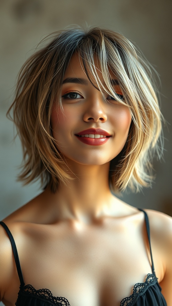 A woman with a textured blunt cut bob hairstyle, featuring chin-length hair and soft waves.
