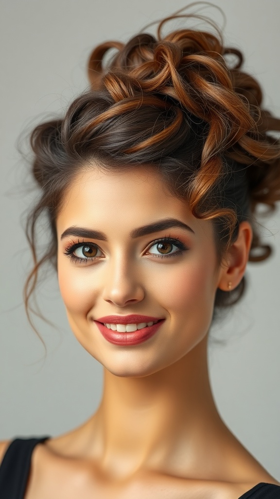 A woman with a textured French twist hairstyle featuring curly ends, showcasing a natural and elegant bridal look.