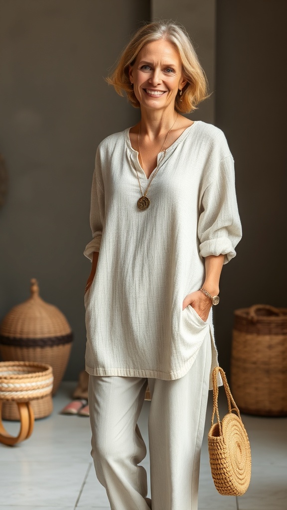 A woman wearing a textured linen tunic and trousers, smiling with a woven bag.