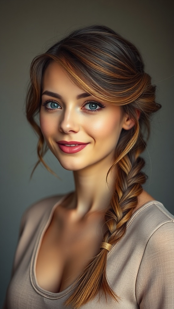 A woman with a textured loose braid featuring layered pull-through sections, showcasing a casual yet chic hairstyle.