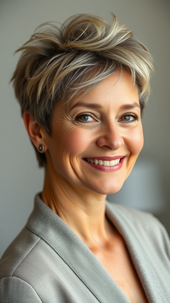 A woman with a textured pixie cut, smiling confidently.