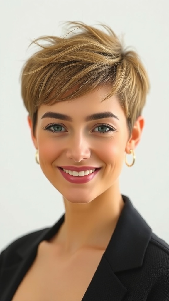 Textured pixie haircut with volume at the crown, suitable for round faces.