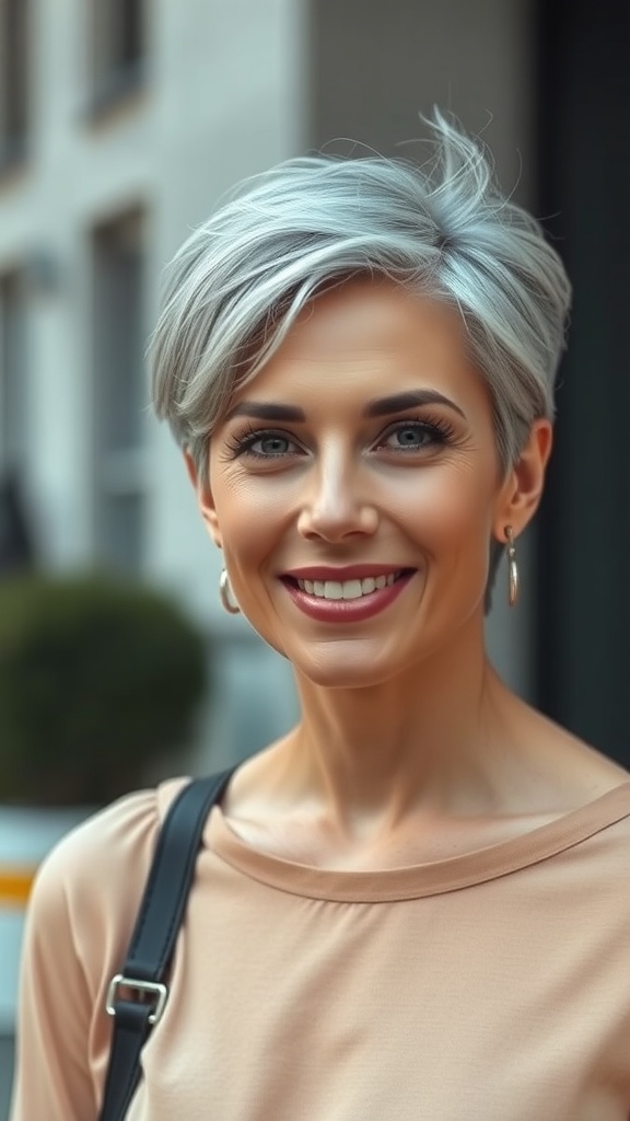 A woman with a textured razor bob hairstyle, showcasing undone layers and a confident smile.