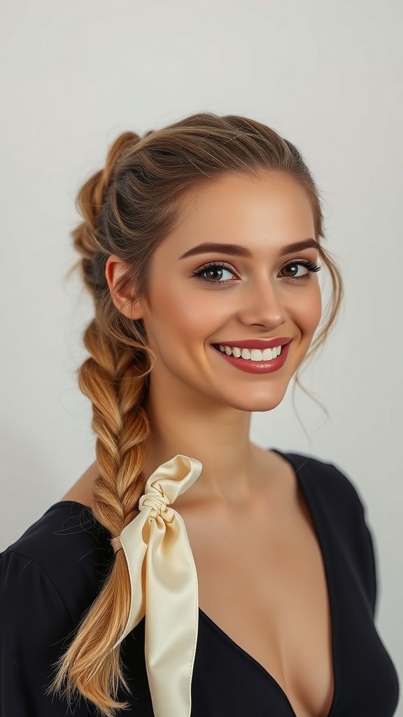 A woman with a textured side braid adorned with a ribbon, smiling at the camera.