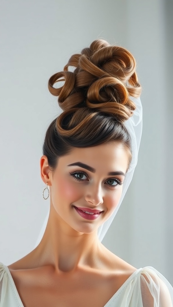 A bride with a textured top knot hairstyle and a sheer veil, showcasing elegant curls.