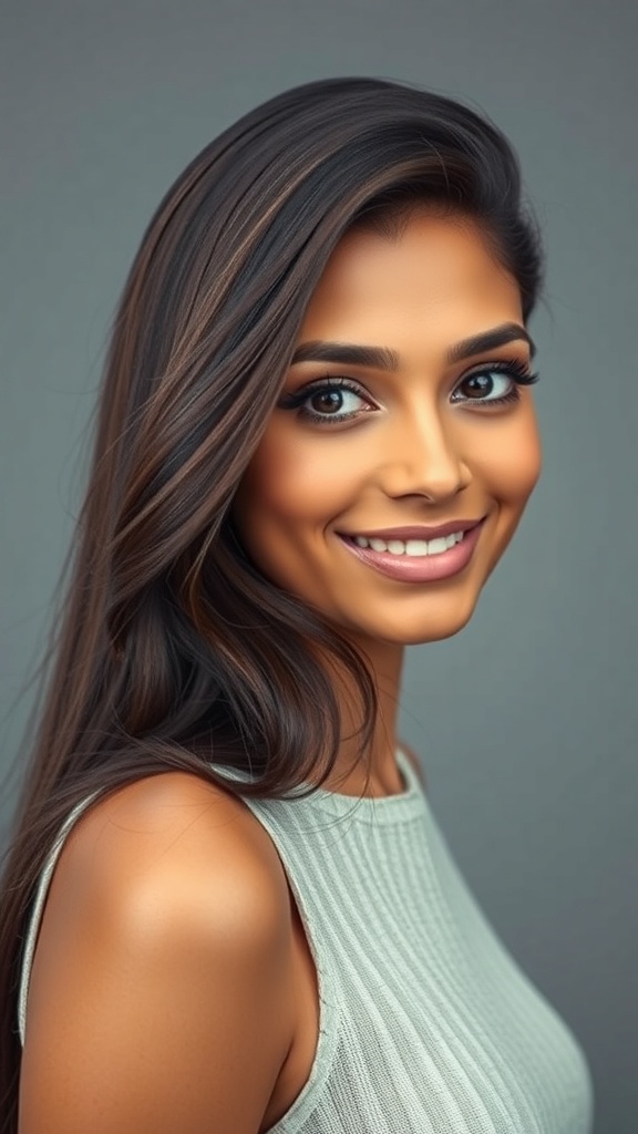 A woman with thick long Indian hair styled in soft side layers, smiling at the camera.