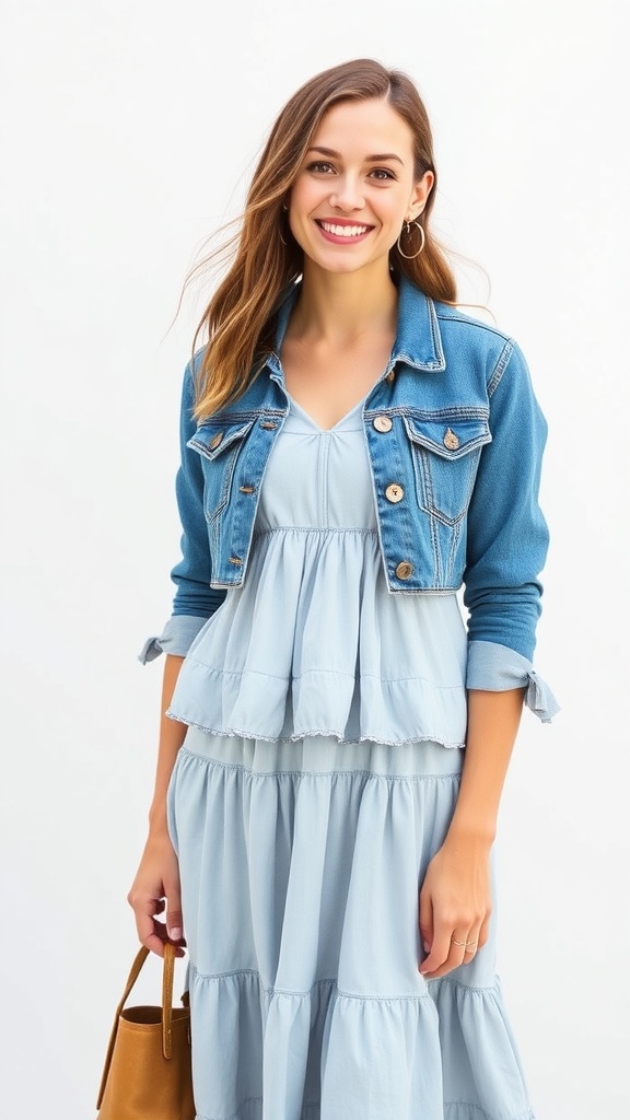 A woman wearing a tiered blue dress with a denim jacket, smiling and holding a handbag.