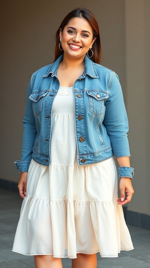 A girl wearing a tiered maxi dress with a denim jacket, smiling at the camera.