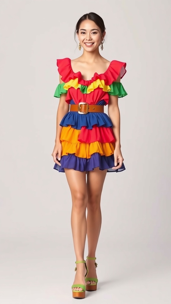 A woman wearing a colorful tiered ruffle dress with a statement belt, smiling at the camera.