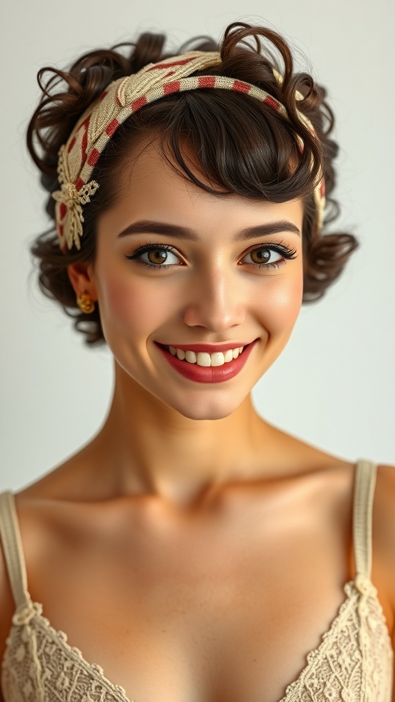 A woman with tight 1920s curls and a stylish headband, showcasing vintage curls and old Hollywood elegance.