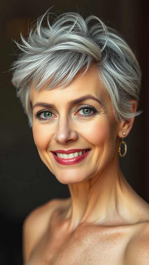 A woman with a tight coiled bob hairstyle, showcasing her grey hair and a bright smile.