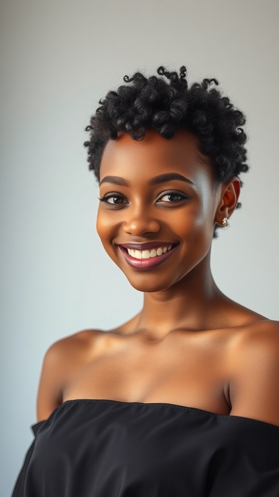 A person with a tight coily pixie hairstyle, showcasing shiny curls and a confident smile.