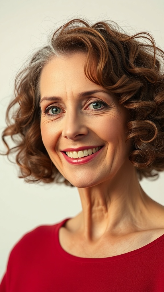 A woman over 70 with tight curls and bangs, smiling and showcasing her grey hair.