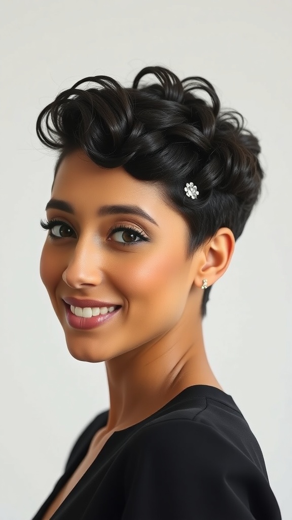 A woman with a tight curly pixie hairstyle, featuring a glossy finish and a delicate hairpin, smiling confidently.