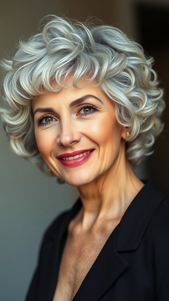 A woman with a tight spiral curly bob hairstyle, showcasing classy grey hair and a vibrant smile.
