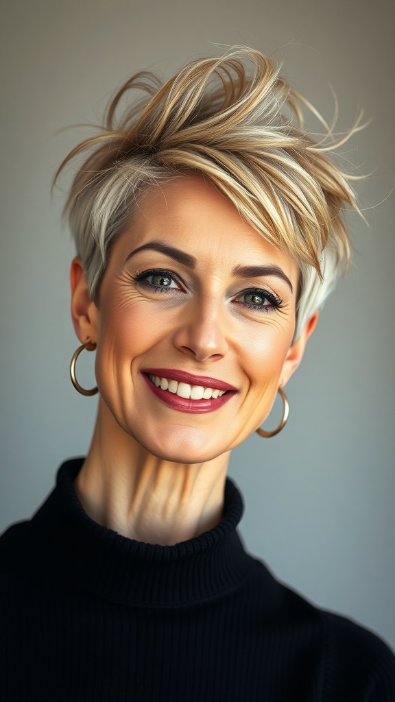A woman with a tomboy undercut and textured top hairstyle, smiling confidently.