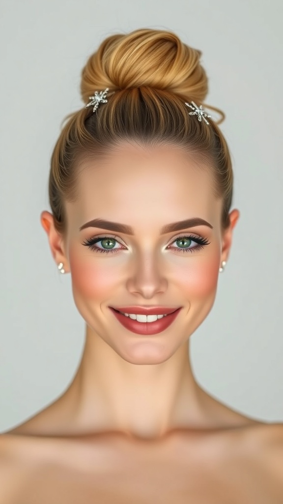 A woman with a top knot hairstyle adorned with sparkle hair pins, smiling confidently.