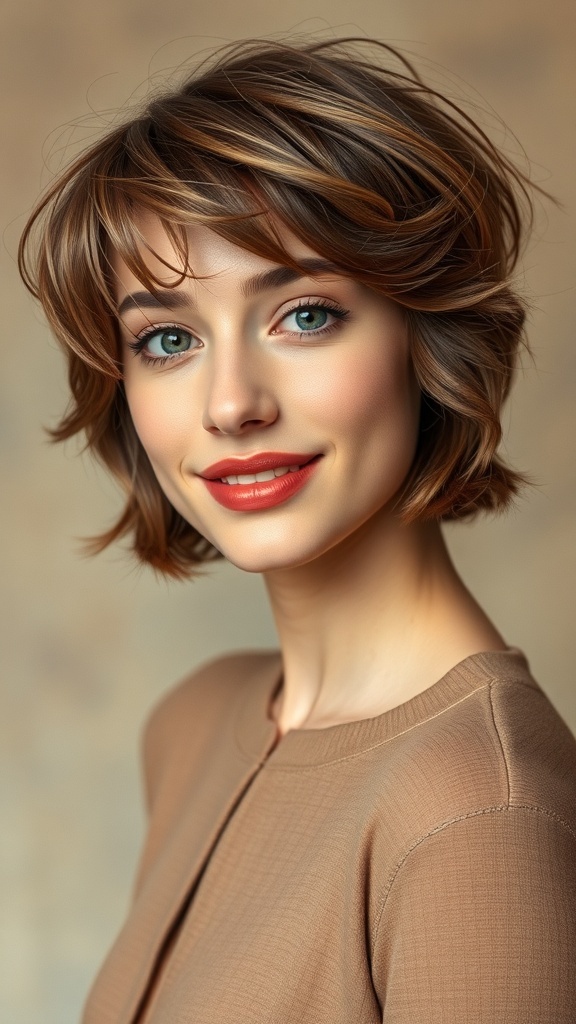 A woman with a tousled brown bob hairstyle featuring face-framing layers.