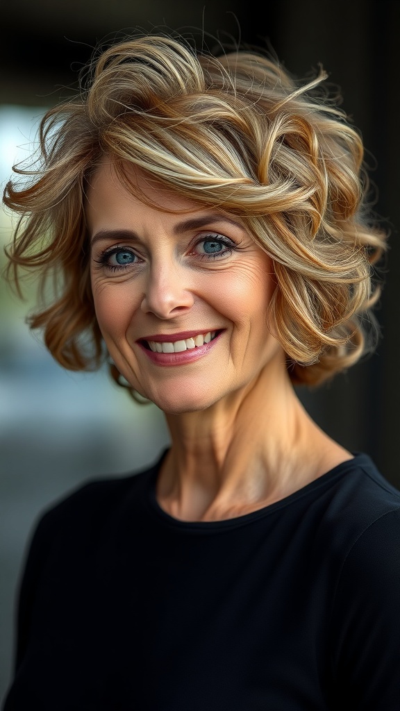 A woman with a tousled grey bob and side bangs, smiling at the camera.