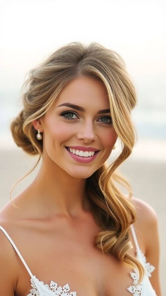 A woman with a tousled low bun updo, smiling at the beach, wearing a wedding dress