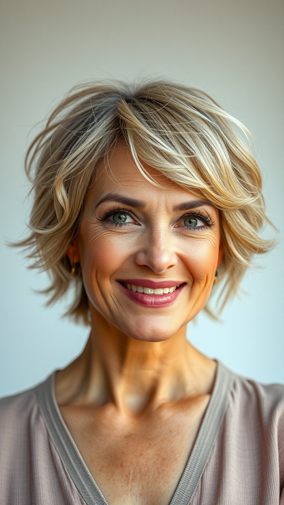 A woman with a tousled shag bob hairstyle, smiling and showcasing her ageless beauty.