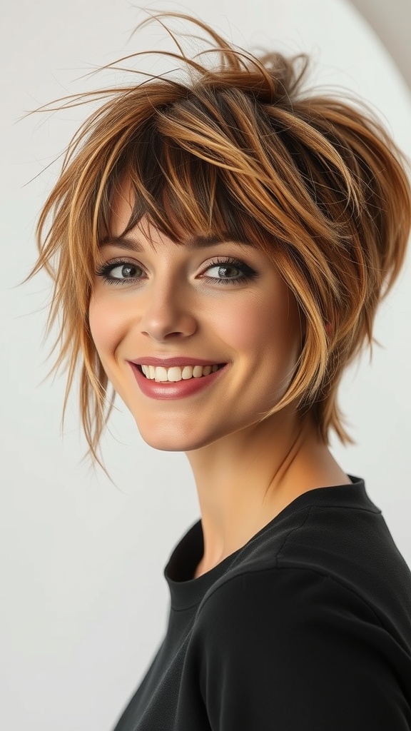 A woman with a tousled shag hairstyle and bangs, smiling at the camera.