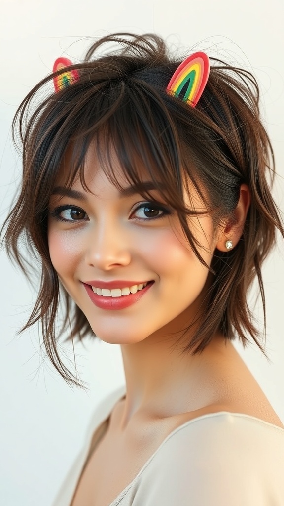 A woman with tousled short hair and colorful bobby pins, smiling at the camera.
