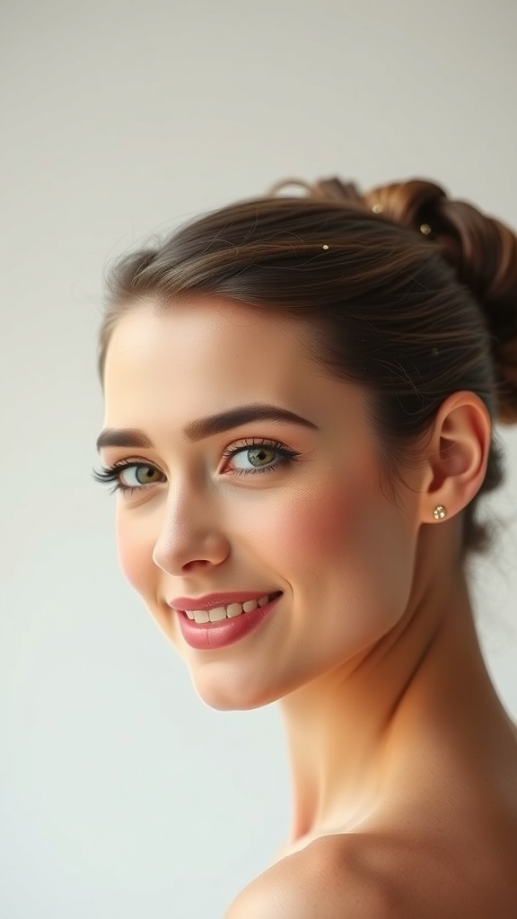 A woman with a tucked-in roll hairstyle adorned with decorative pins, showcasing vintage hair and Old Hollywood vibes.