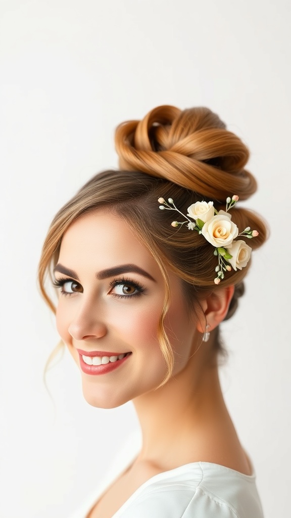 A bride with a tucked curly bun and sleek sides, adorned with flowers, smiling elegantly.