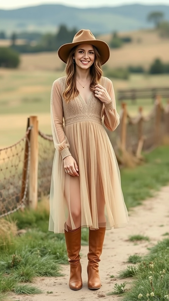 A woman wearing a tulle dress, brown knee-high boots, and a wide-brimmed hat, standing in a rustic outdoor setting.