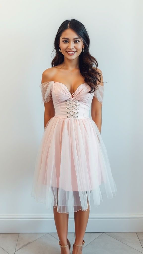 A young woman wearing a pink tulle dress with corset detail, smiling at the camera.