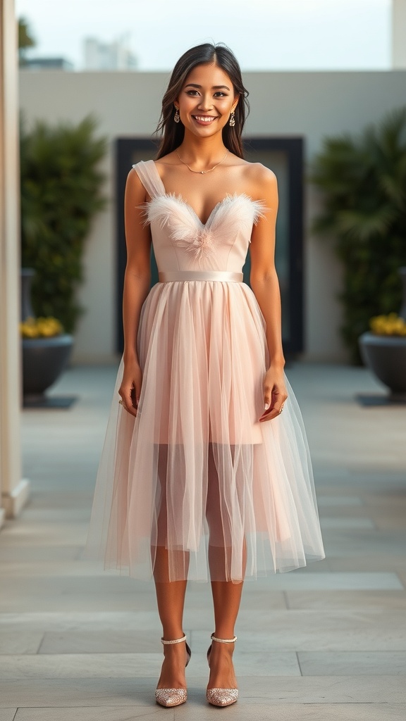 A woman in a tulle party dress with glitter heels, smiling and posing.