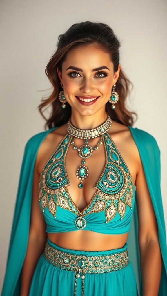 A woman wearing a turquoise Arabic dance dress with a shoulder cape, adorned with intricate jewelry.