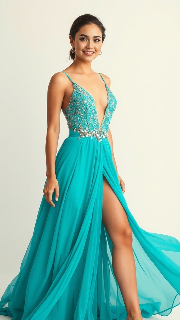 A woman in a turquoise ballroom dress with a sequined bodice and a thigh-high slit, smiling confidently.