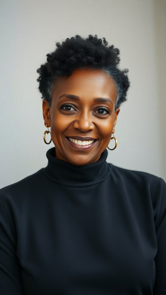 A smiling older Black woman with a TWA hairstyle and sculpted edges, wearing a black turtleneck.