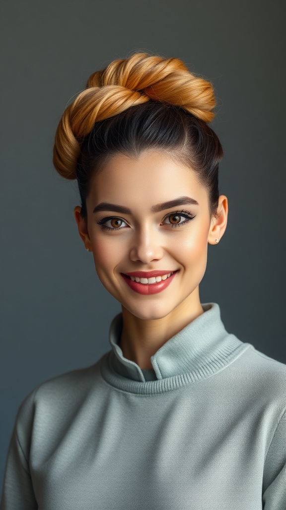 A woman with a twist and roll French bun hairstyle, featuring styled baby hairs, smiling at the camera.
