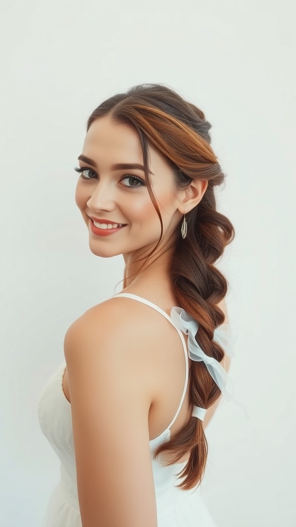 A woman with a twisted braid ponytail adorned with a sheer ribbon, showcasing a romantic wedding hairstyle.